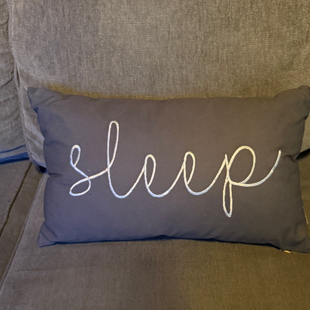 Gray Throw Pillow with 'Sleep' Embroidery
